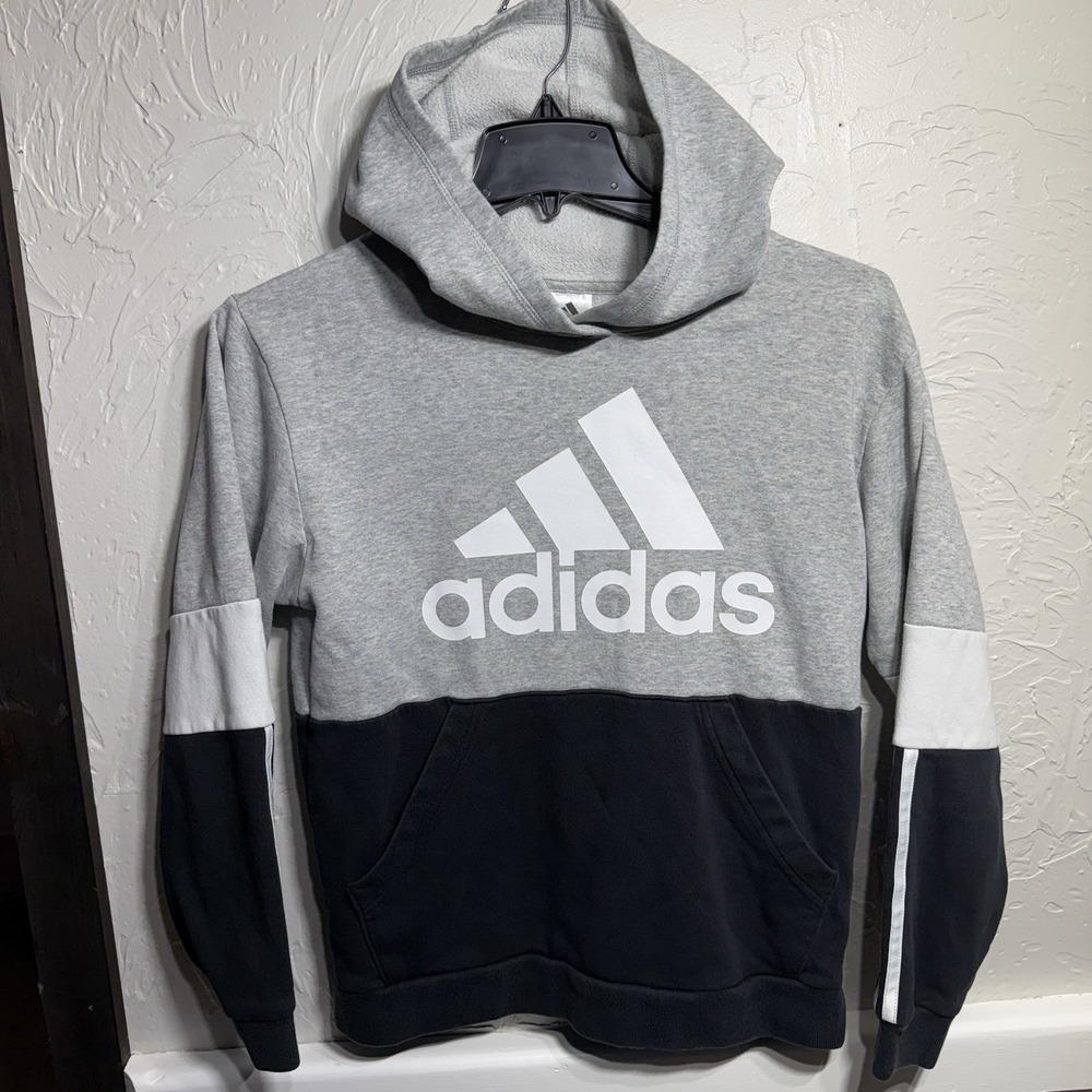 Boys ADIDAS fleece lined hooded crewneck sweatshirt Large 14/16 Gray,black